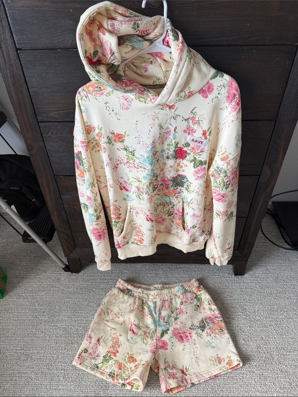 AMPERSAND AVE Cream Floral Hoodie and Shorts Set